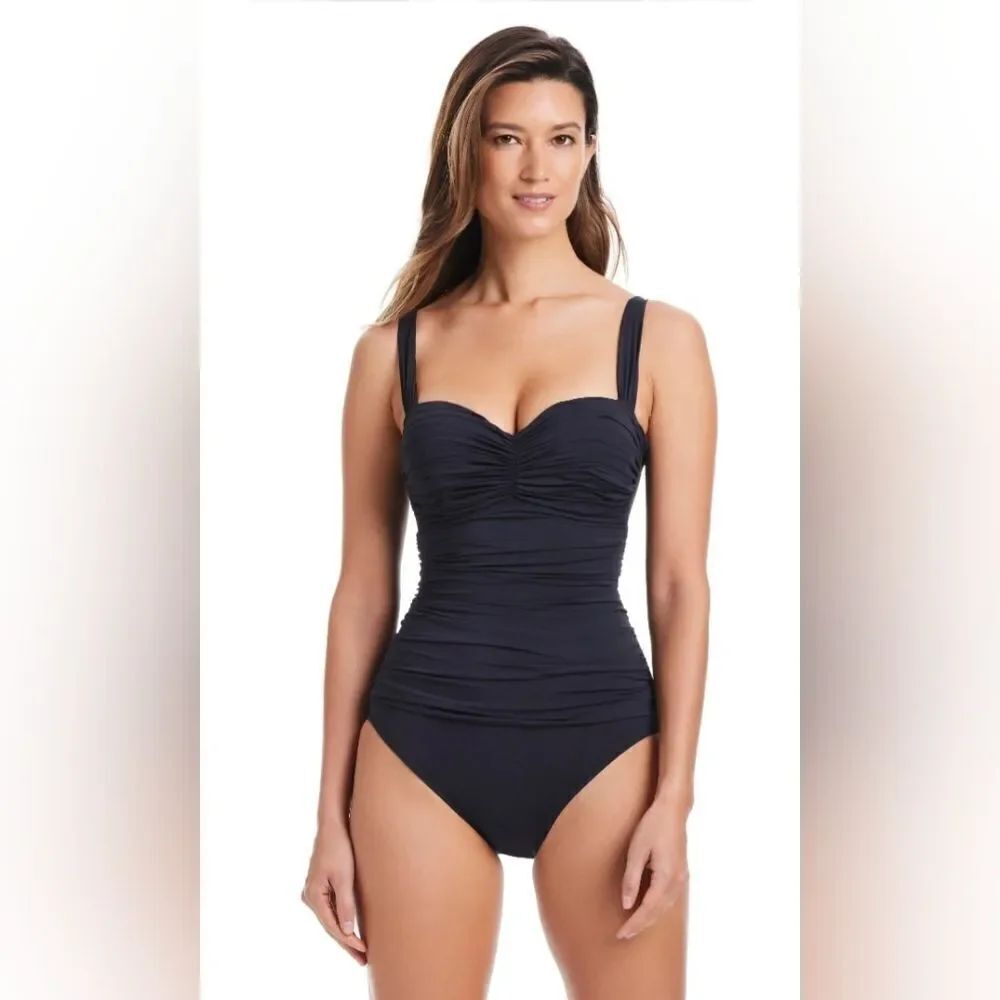 Bleu Rod Beattie Kore Shirred Bandeau One Piece Swimsuit NWOT Size 12 Black